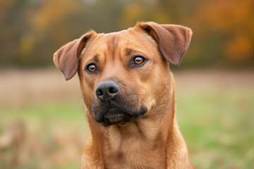 Obraz premium Close-up of a brown dog with a focused expression, standing in a field during autumn, with blurred colorful foliage in the background