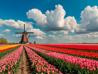 Panorama of landscape with blooming colorful tulip field, traditional dutch windmill and blue cloudy sky- Tulips flowers background panoramic banner
