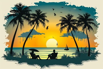 Silhouetted palm trees against a vibrant sunset creating a serene and nostalgic beach scene