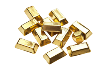 Group of gold bars, each separated and isolated on a pristine white background, highlighting their polished and shiny appearances