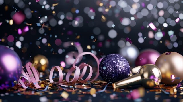 Festive New Year's toy, surrounded by dazzling fireworks, party horns, and glittering confetti, capturing the joy of the occasion