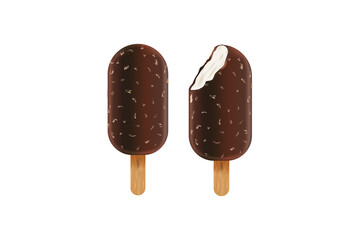 Realistic chocolate ice cream. Vector ad poster Icecream on stick. Sweet creamy dessert, dairy frozen summer food.