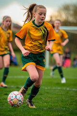 Obraz premium A young girl with a determined expression as she dribbles in a football match.