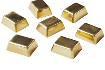 Group of gold bars, each separated and isolated on a pristine white background, highlighting their polished and shiny appearances