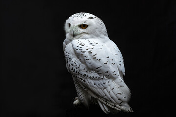 White snowy owl on black background 