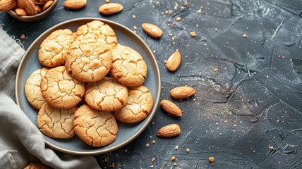 Naklejka premium A plate of fresh almond cookies surrounded by scattered almonds.