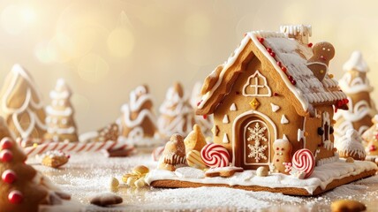  Festive gingerbread house with candy decorations on a light background, evoking holiday cheer.
