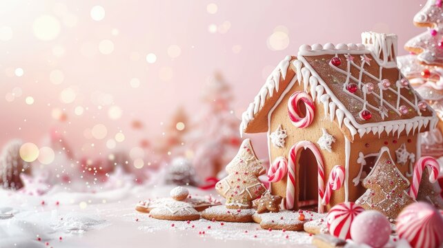 A festive gingerbread house decorated with candy and icing, set against a soft pink background.