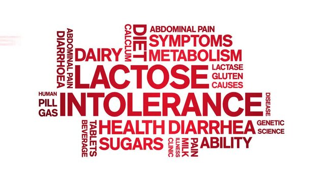 Lactose intolerance animated word cloud;text design animation tag kinetic typography seamless loop.
