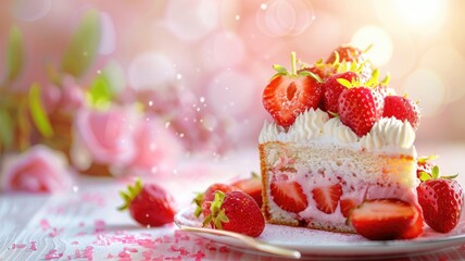 A slice of strawberry shortcake with fresh strawberries and whipped cream, against a dreamy pink background.