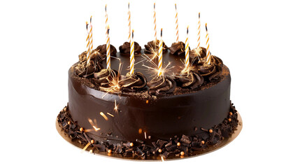 Celebrate in style with this rich chocolate fudge cake adorned with luxurious gold birthday candles and festive sparklers, perfect for birthday parties or special occasions where every detail matters.