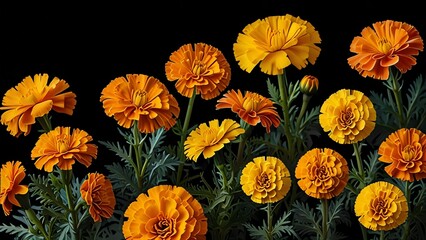 Fototapeta premium Set of elegant blooming marigolds on plant black plain black background