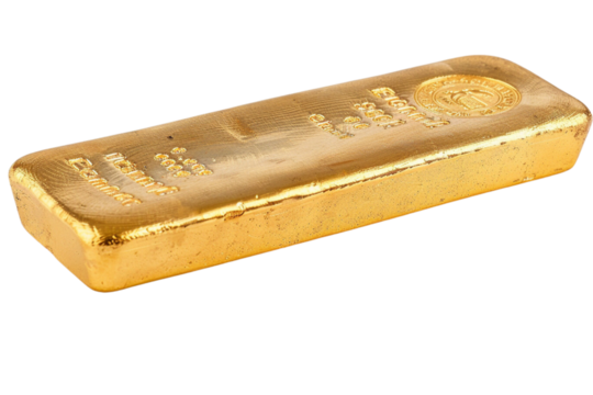 Close-up of a single gold bar with detailed engravings, placed alone on a white background, emphasizing its lustrous finish
