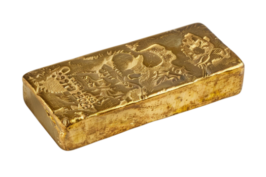 Close-up of a single gold bar with detailed engravings, placed alone on a white background, emphasizing its lustrous finish