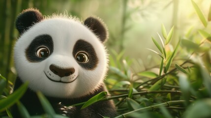 Obraz premium Playful panda art toy with bamboo accessories, detailed and realistic textures, vibrant and lively setting in a bamboo grove