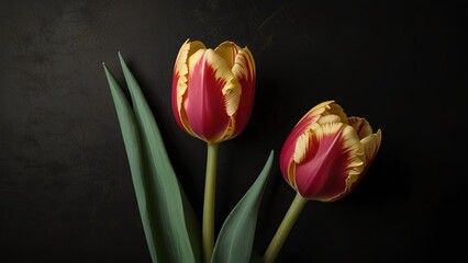 Set of elegant blooming tulip on plant black plain black background