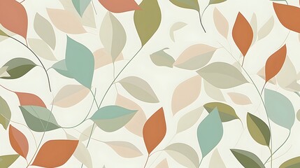 Elegant pattern featuring leaves in muted earthy tones, such as sage green and burnt orange, on a white background for a sophisticated wallpaper design with natural elements