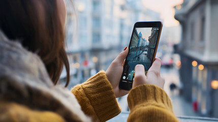 Rearview of a woman or girl holding a mobile phone and using the camera to take pictures of the city, street, or people. Female photographer with shooting an urban environment, photography, media.