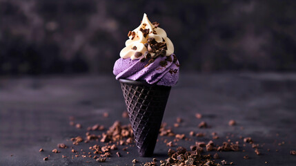 Prestigious ice cream cone with blueberry and vanilla filling, sprinkled with brown milk chocolate crumbs, isolated from the background. Delicious sweet summer dessert in a waffle cornet, cold treat.