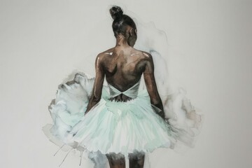 Fototapeta premium A captivating watercolor scene against a white canvas: A fair-skinned ballerina in a mint green tutu stands gracefully, her back turned to the viewer, creating a visually stunning contras