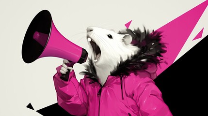 photo of an animal screaming into a megaphone, abstract background style with geometric shapes, minimalist design, funny animal photography, high resolution, generated AI
