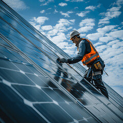 A handyman installing solar panels on the rooftop. Solar power engineer installing solar panels, on the roof, electrical technician at work, alternative renewable green energy generation concept	