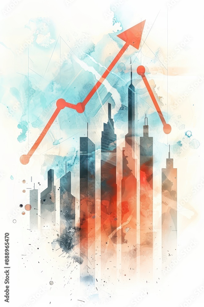 Poster a graph with three lines and a city in the background. the graph is orange and blue