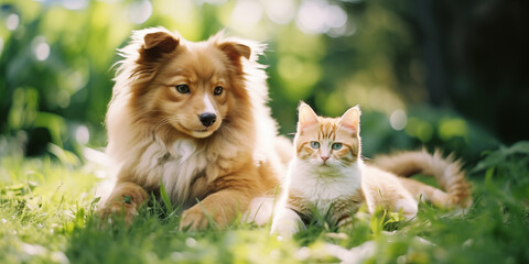 Obraz premium Dog and cat on grass background. Shelter pets, animals. Veterinary, zooclinic, goods for animals..
