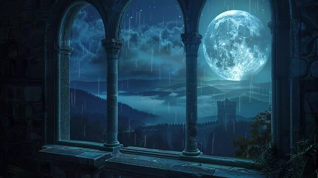 Fantasy night castle with a full moon seen from a window, creating a magical and dramatic scene with the moon illuminating the majes Seamless looping 4k time-lapse virtual video animation Generated AI