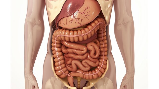 Human torso with detailed digestive system anatomy, showing internal organs and intestines. Medical study, human biology, educational purposes, healthcare, anatomy reference.