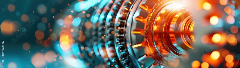 Poster a close up of a clock with a gold face and a blue background. the clock is surrounded by a blurry, a
