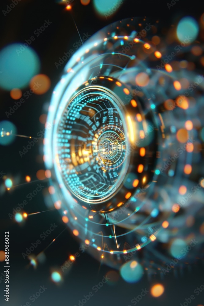 Aufkleber a computer screen shows a glowing orange circle with a lot of dots. the image has a futuristic and t
