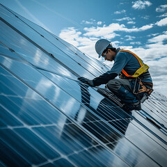 A handyman installing solar panels on the rooftop. Solar power engineer installing solar panels, on the roof, electrical technician at work, alternative renewable green energy generation concept	