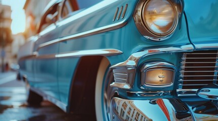Close-up of a vintage blue classic car with chrome details and headlight on a city street. Retro photography, automobile enthusiasts, classic car shows, vintage car restoration, automotive history.