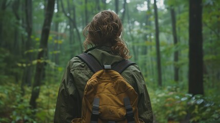 Obraz premium In the middle of the vast forest, a tourist with a backpack walks, admiring the beautiful nature of the rainy season. She feels relaxed because of the nature before her.