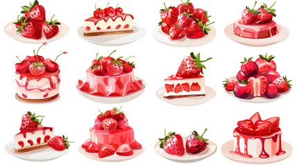Fresh strawberry dessert vector design set, featuring a vibrant, healthy, and colorful array of sweet treats on a transparent background