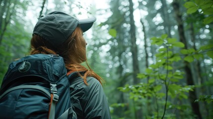 Fototapeta premium In the middle of the vast forest, a tourist with a backpack walks, admiring the beautiful nature of the rainy season. She feels relaxed because of the nature before her.