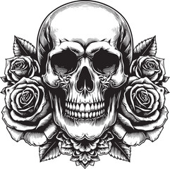 Skull with roses, vector, tattoo design