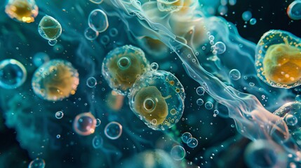 Microorganisms in Mineral Water , Science microscopic background, Microscopic view of various types of microorganisms Illustration image