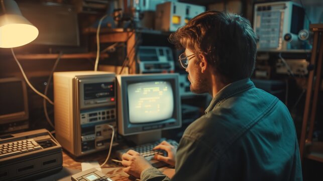 Caucasian Male Hardware Engineer Programming On Old Desktop Computer In Retro Garage. Experienced Software Developer Writing Code For New Innovative Operating System In Nineties.