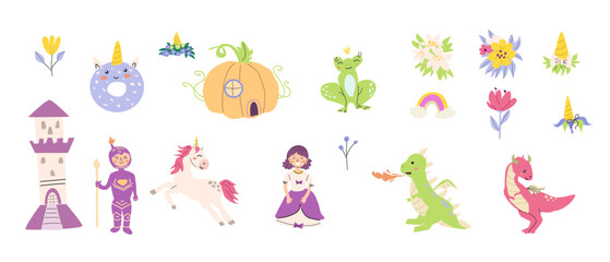 Childrens fairy characters and magic element set. Collection of funny unicorns with princess, castle, knight, dragon, falling star, fairy animal with horn. Fantasy world clipart elements, sticker pack