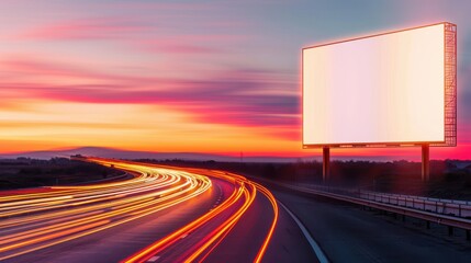 Obraz premium A large billboard is lit up with a bright white sign. The billboard is on a highway with a sunset in the background. The sun is setting, casting a warm glow over the scene