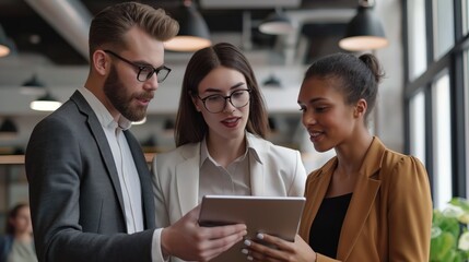 Diverse Team of Top Managers Talk, Brainstorm, Use Digital Tablet. Business Partners Discuss Financial Reports