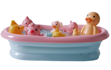 A group of rubber duck and animal toys float in a blue and pink tub