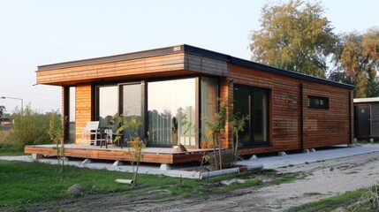 Finished house with fast construction wooden cladding economical environmentally friendly technology Modern elegant minimalist style passive house with recycled materials Tiny house with a youth