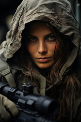Determined woman with tactical gear in forest