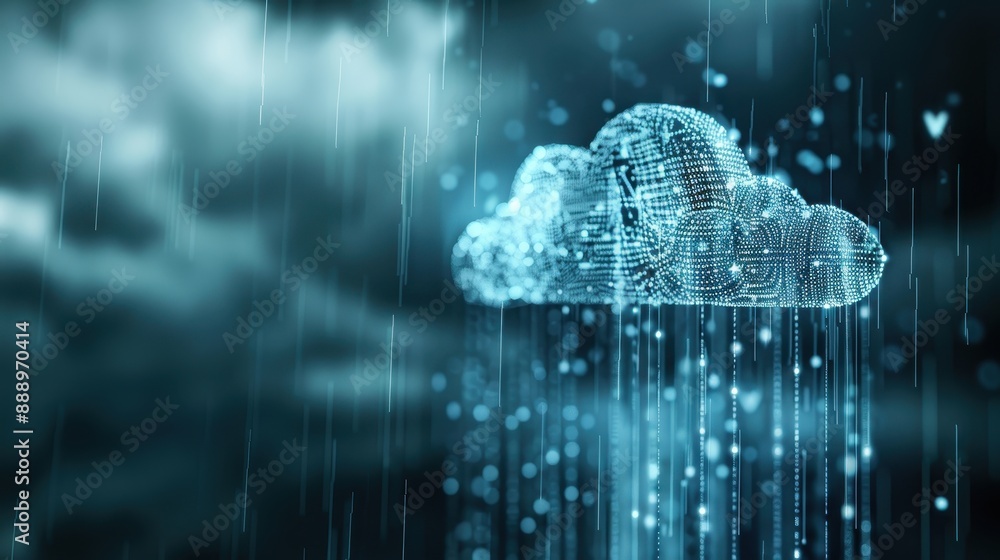 Poster a computer chip with a cloud on it. the cloud is glowing and the chip is surrounded by a bright oran