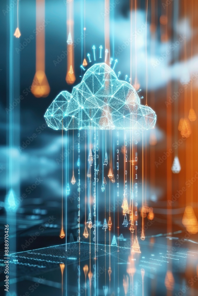Poster a computer chip with a cloud on it. the cloud is glowing and the chip is surrounded by a bright oran