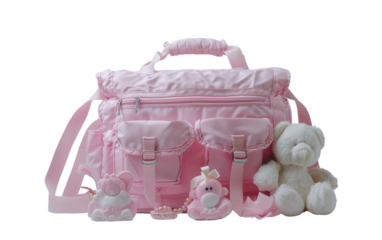 Pink diaper bag with plush toys