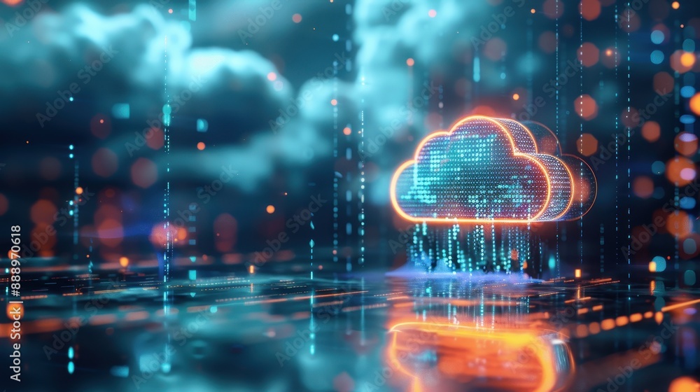 Poster a computer chip with a cloud on it. the cloud is glowing and the chip is surrounded by a bright oran